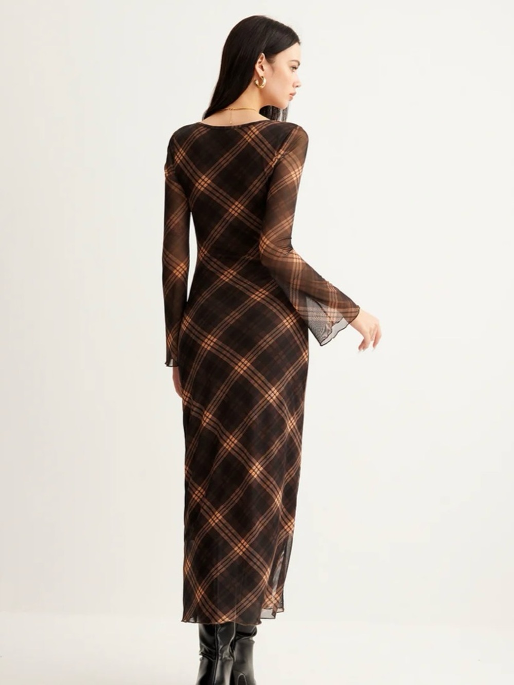 Commense Semi-Sheer Checked Bell-Sleeve Mesh Dress, size XS, NWT! - Picture 6 of 7